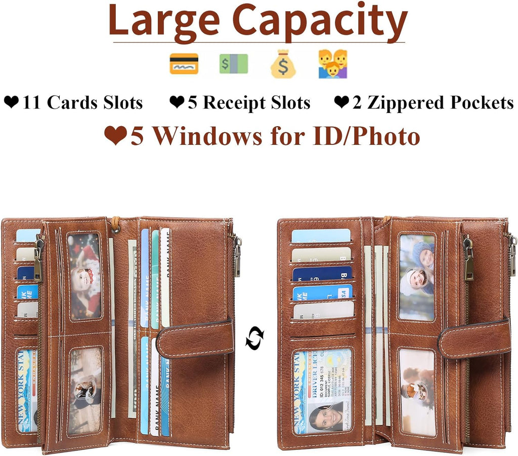Large Leather Wallet for Women RFID Blocking Trifold Wristlet