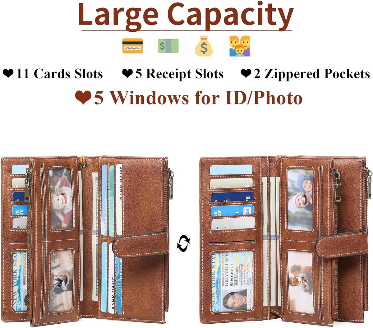 Large Leather Wallet for Women RFID Blocking Trifold Wristlet