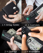 Men’s AirTag Wallet Genuine Leather RFID Blocking Bifold with 14 Card Slots