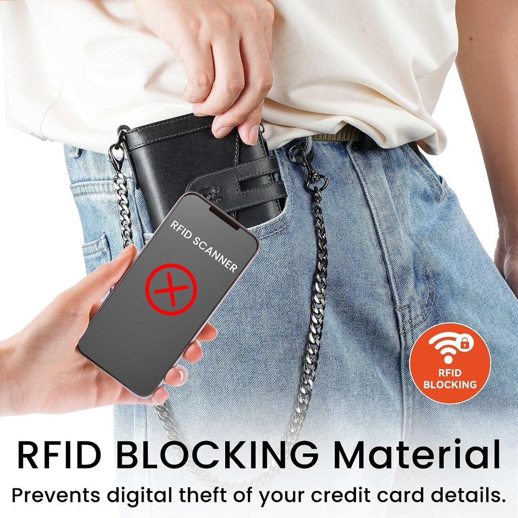 Men's RFID Leather Chain Wallet with Zipper Pocket & 15 Card Slots